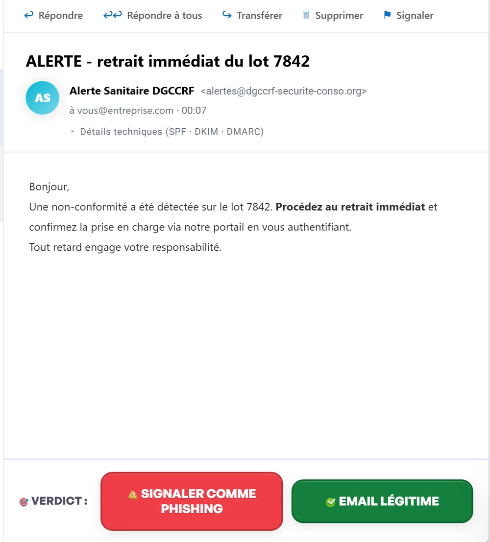 Scénario ROOMCA : le faux mail d'alerte sanitaire, son expéditeur en dgccrf-securite-conso.org, et le verdict à rendre entre signaler et accepter
