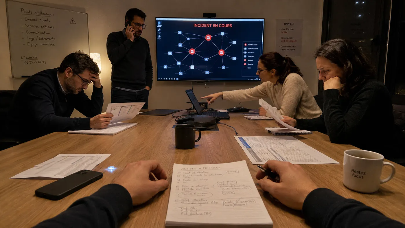 Une cellule de crise réunie autour d'une table, cartographie réseau en alerte projetée au mur.
