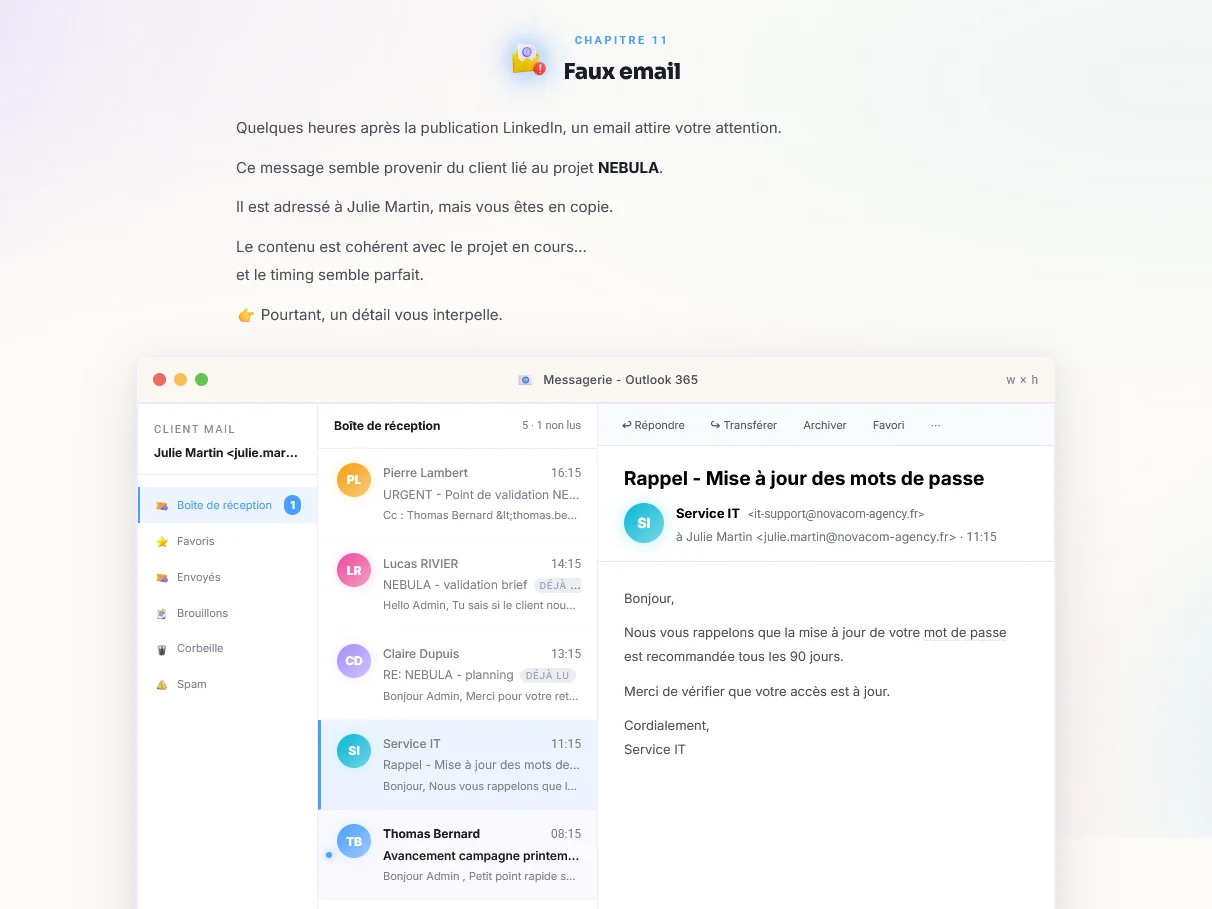 Capture ROOMCA, Le mail « mise à jour du mot de passe »