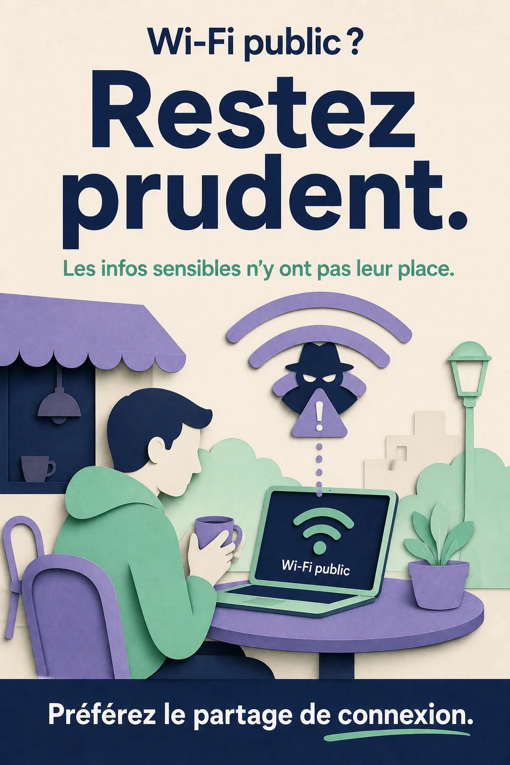 Affiche de prévention ROOMCA « Wi-Fi public ? Restez prudent » : un chiffre, 3 actions et une règle d'or, à coller au mur.