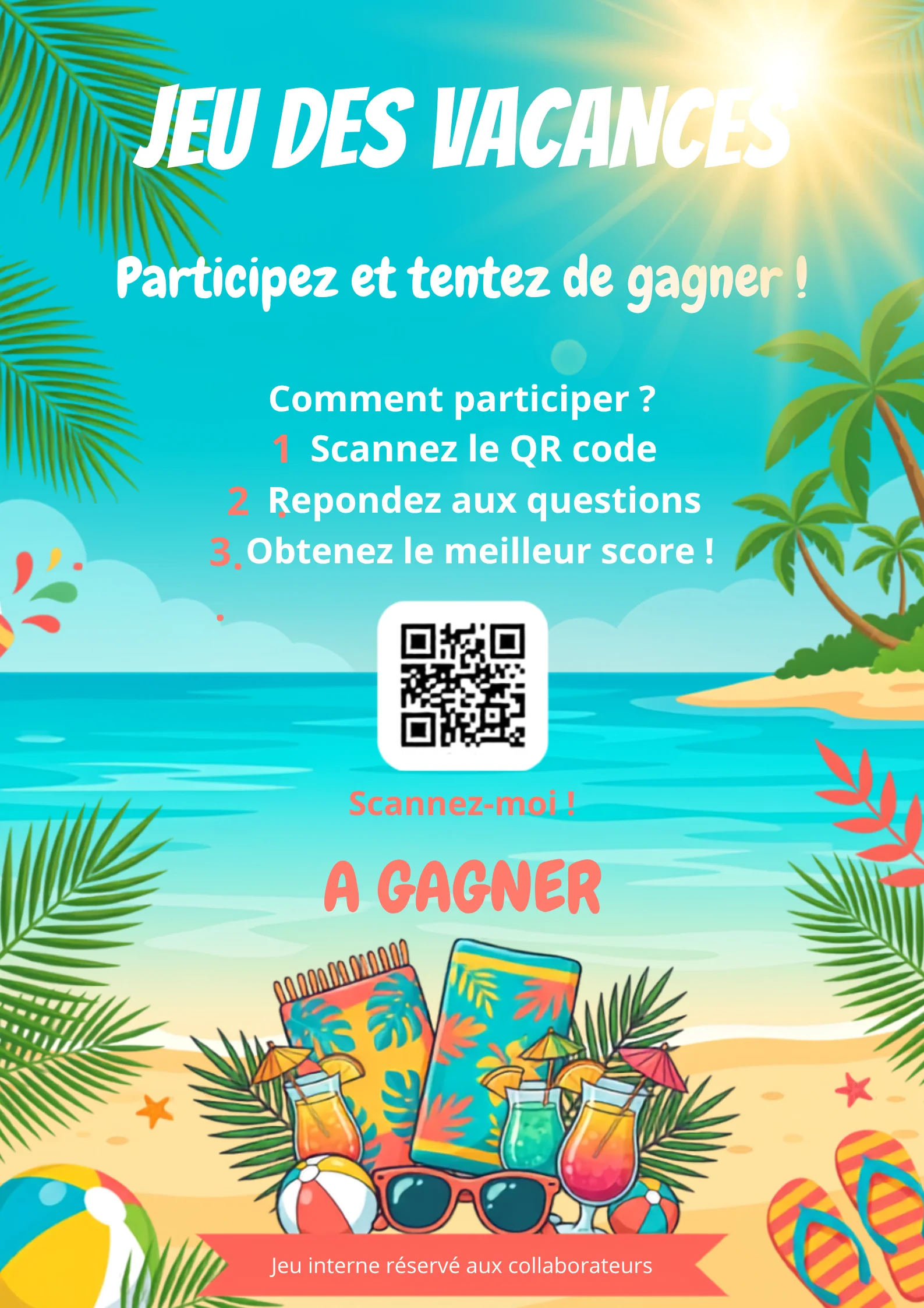 Affiche quishing « Jeu des vacances » ROOMCA avec QR code de simulation, à coller au mur