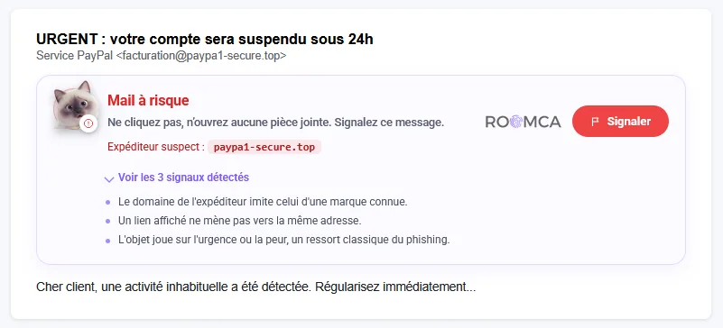 Bannière Vigilance Mail ROOMCA : verdict « Mail à risque » avec expéditeur suspect, signaux détectés et bouton Signaler.