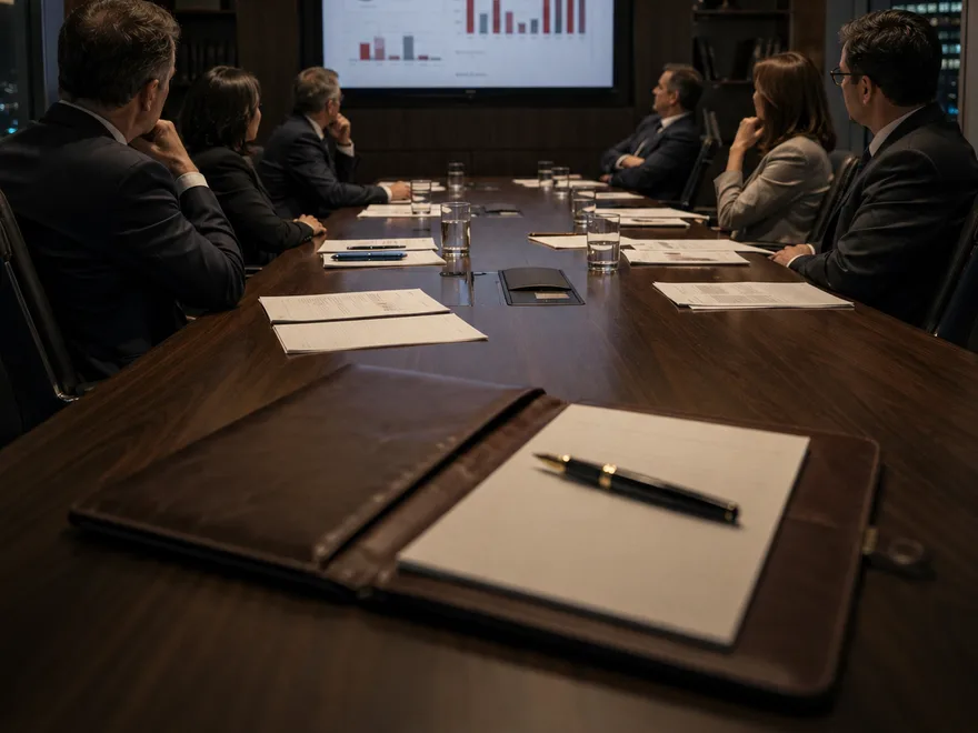 Le parapheur ouvert et non signé au premier plan d’une table de conseil d’administration, en soirée.