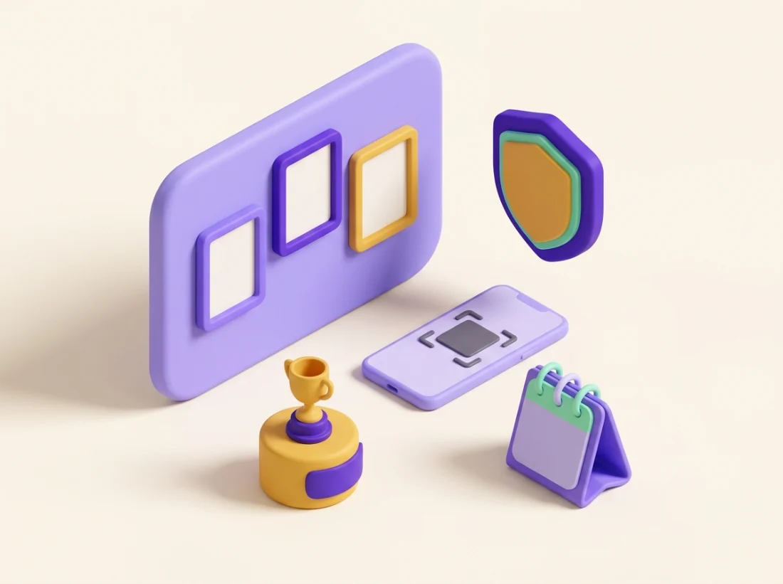 Illustration du Pack Cybermois : affiches, bouclier, QR code sur mobile, trophée et calendrier